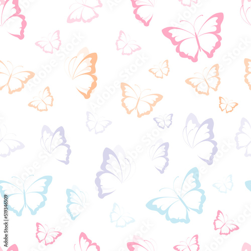 Vector butterfly seamless repeat pattern design background. Colorful butterfly silhouette, cute girly pastel pattern. © Albina