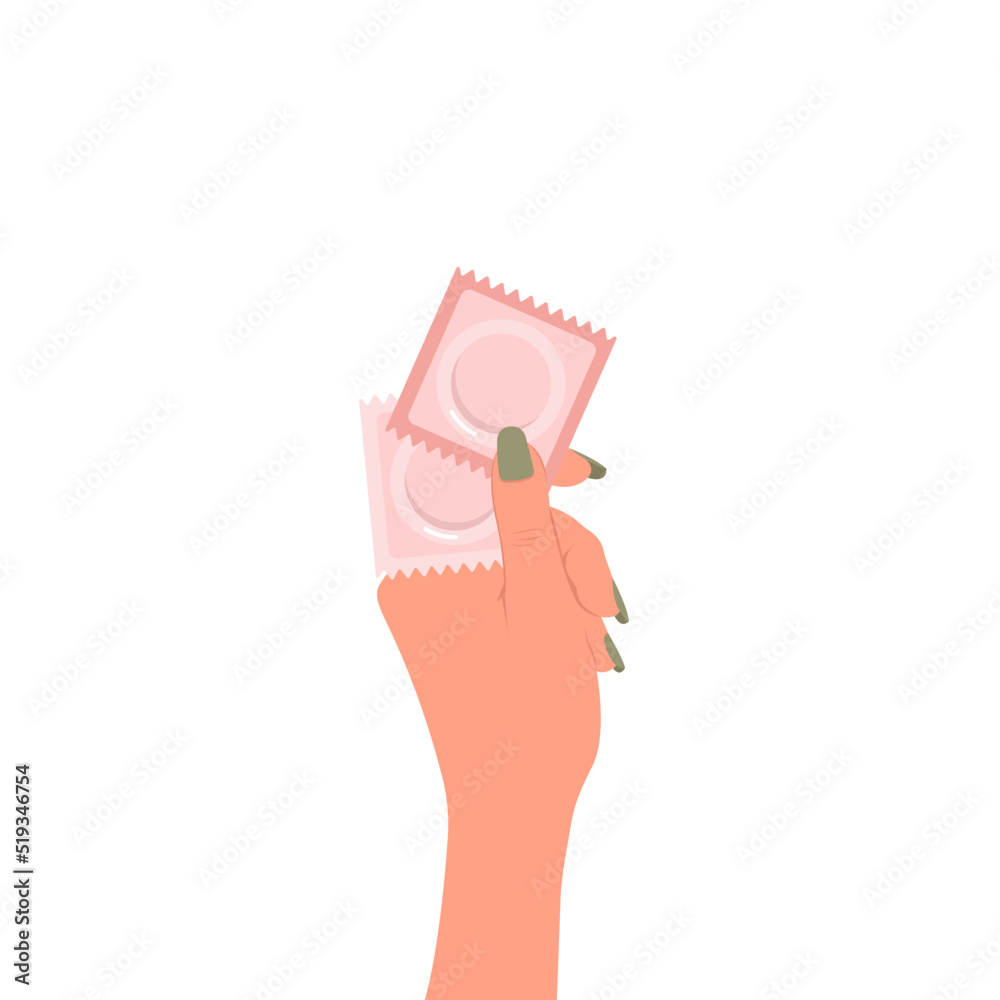 A Girl Is Holding A Pair Of Different Flat Style Condoms In Her Hand Concept Of Contraception 