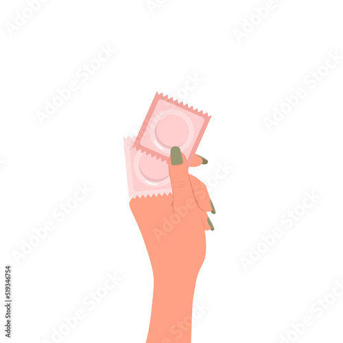 A girl is holding a pair of different flat-style condoms in her hand. Concept of contraception and birth control methods. A condom for safe sex. Vector illustration