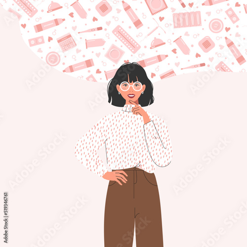 A pretty young girl contemplates the right contraception for her. World Contraception Day. Women's health. Vector illustration.