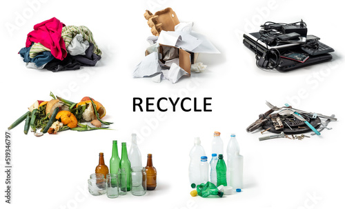Recycle concept of different types materials, isolated on white background photo