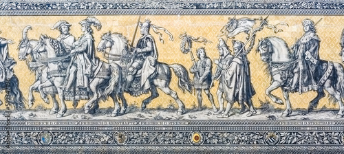 The Fürstenzug (Procession of Princes) Porcelain tiles in Dresden Germany. It is a large mosaic of a mounted procession of the rulers of Saxony. photo