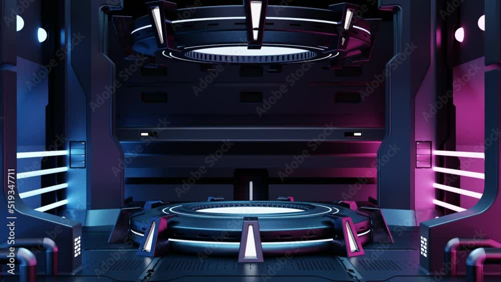 Cyberpunk sci-fi product podium showcase in empty spaceship room with blue and pink background. Cosmos space technology and entertainment object concept