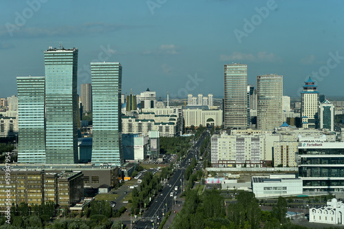 Top view of cityscape of Astana, the capital of Kazakhstan, with modern skyscrapers,park and wide roads.