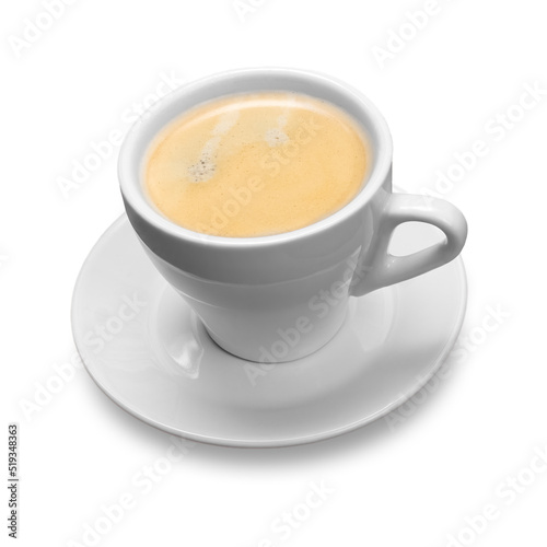 Cup of coffee and saucer on white isolated background.
