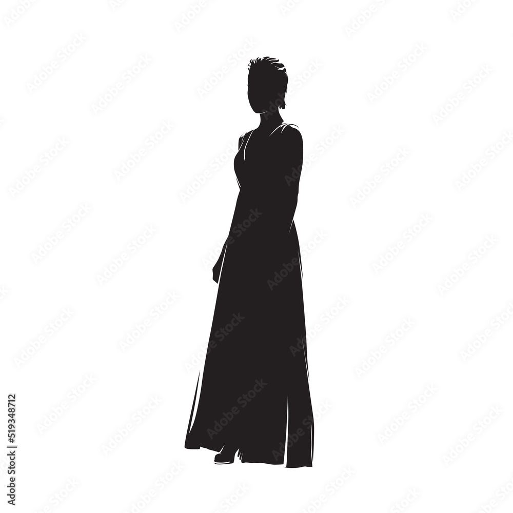 Woman standing in long night dress, isolated vector silhouette