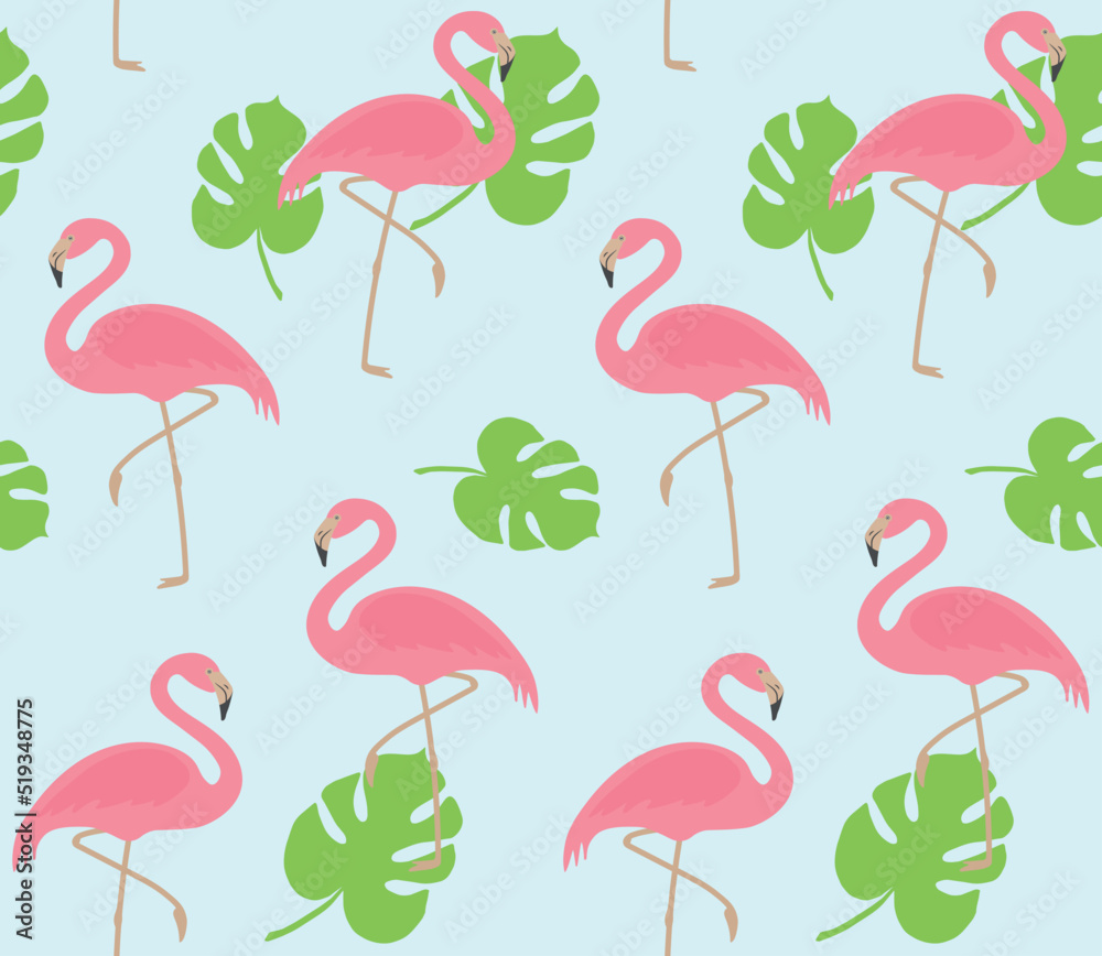 Vector seamless pattern of flat hand drawn flamingo and palm leaves isolated on blue background Vector seamless pattern of flat hand drawn flamingo and palm leaves isolated on blue background