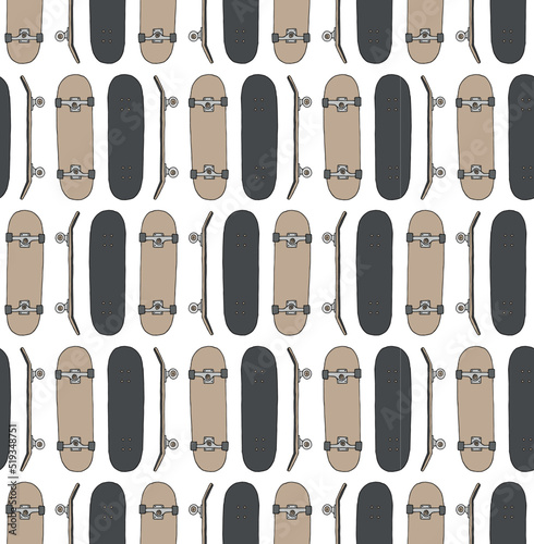 Vector seamless pattern of hand drawn doodle sketch colored skateboard isolated on white background
