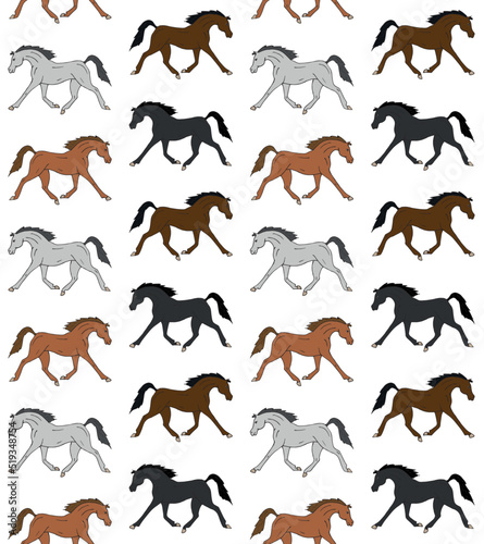 Vector seamless pattern of different color hand drawn sketch doodle arabian horses isolated on white background