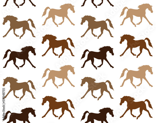 Vector seamless pattern of different color hand drawn Arabian horse silhouette isolated on white background