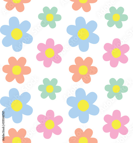 Vector seamless pattern of hand drawn flat flowers isolated on white background