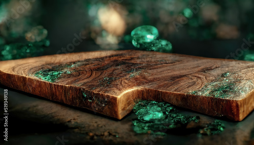 Background of old wood with epoxy resin in blue. wooden table top with blue epoxy, old boards, wood patterns, old dark wood background. 3D illustration. photo