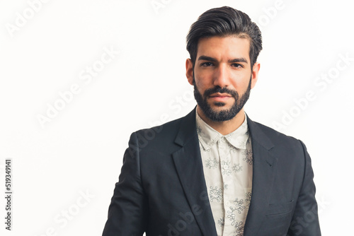 Handsome Latin businessman close up portrait, horizontal isolated white background. High quality photo