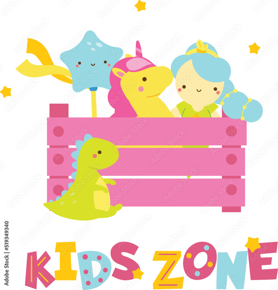 Kids zone banner with children toys in box. Vector illustration for playroom, toy shops and stores Kids zone banner with children toys in box. Vector illustration for playroom, toy shops and stores