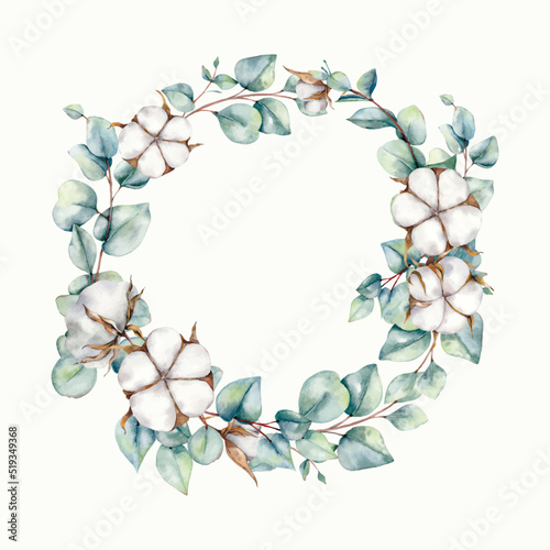 Watercolor floral wreath with cotton flower and eucalyptus leaves, Watercolor hand painted cotton flower wreath