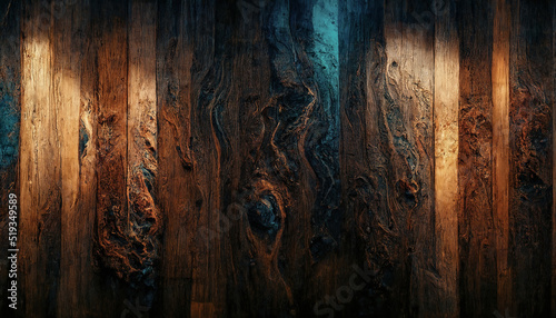 Fototapeta Naklejka Na Ścianę i Meble -  Background of old wood with epoxy resin in blue. wooden table top with blue epoxy, old boards, wood patterns, old dark wood background. 3D illustration.
