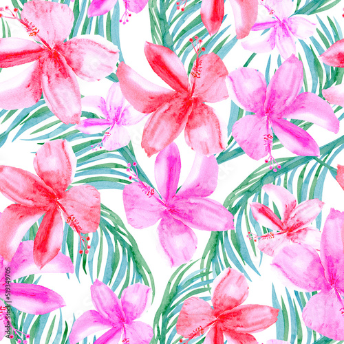 Hawaiian flowers seamless pattern. Watercolor tropical floral print