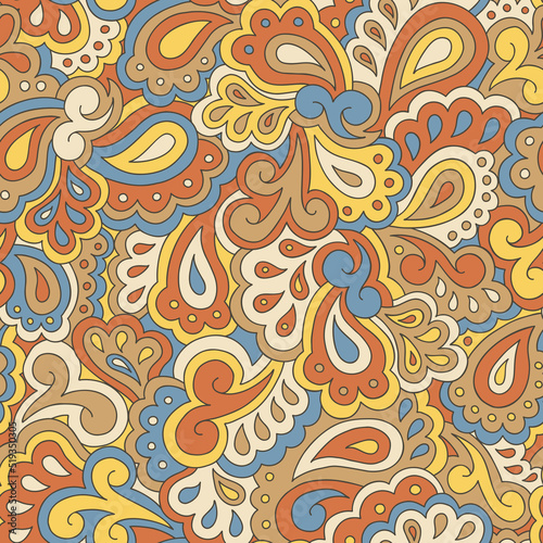 Retro Psychedelic Swirls and Paisleys Vector Seamless Pattern. Nostalgic Vintage Print. Summer Groovy Textile Design. FlowerPower Hippie Background