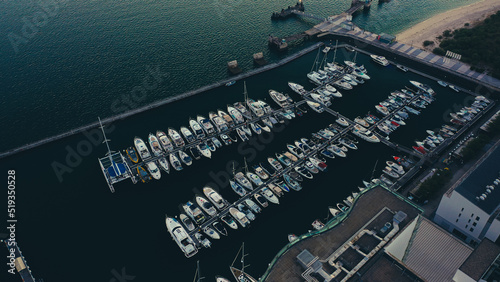 Marine of Troia peninsula from sky with sunrise starting