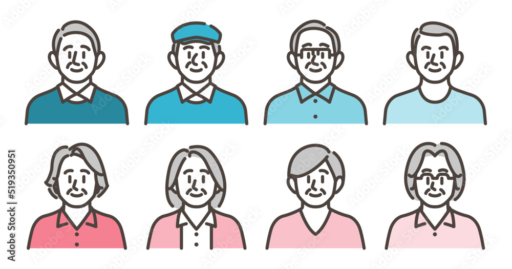 Cute avatar icons set of senior man and woman [Vector illustration].