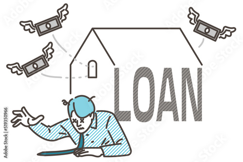 Image of mortgage bankruptcy. Man crushed by his detached home [Vector illustration].