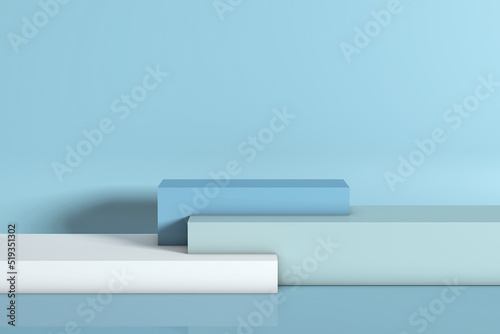 3d rendering Pastel podium rectangle geometry blue room interior product mockup background.