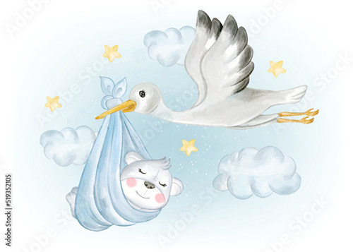 Cute Stork Flying with Baby Bear Nursery Watercolor