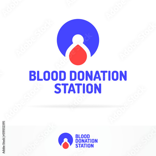 Blood donation station logo set color flat style consisting of blood drop and pin isolated on white background. Vector Illustration