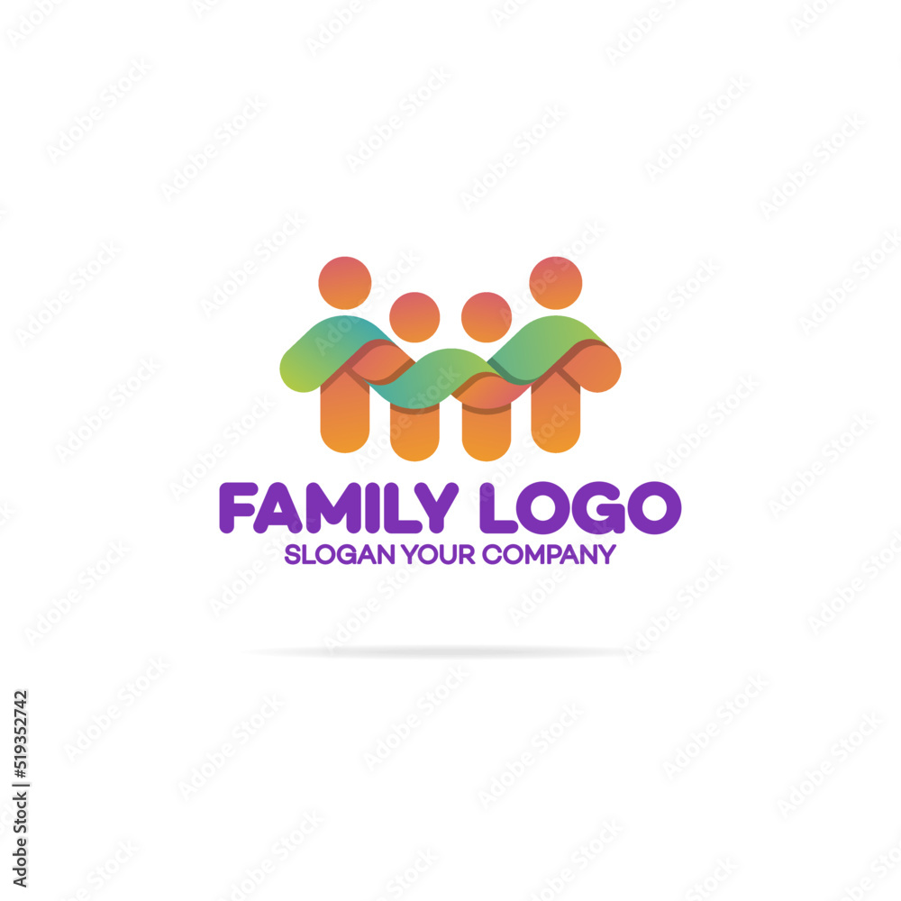 Obraz premium Family logo consisting of in simple figures dad, mom and two children used for family medicine practice, team, group, friendship, people logo. Vector Illustration