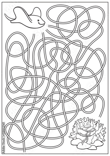 Coloring book with maze game and labyrinth for children. Find way for sea stingray. Education activity page and worksheet. Cartoon vector illustration.