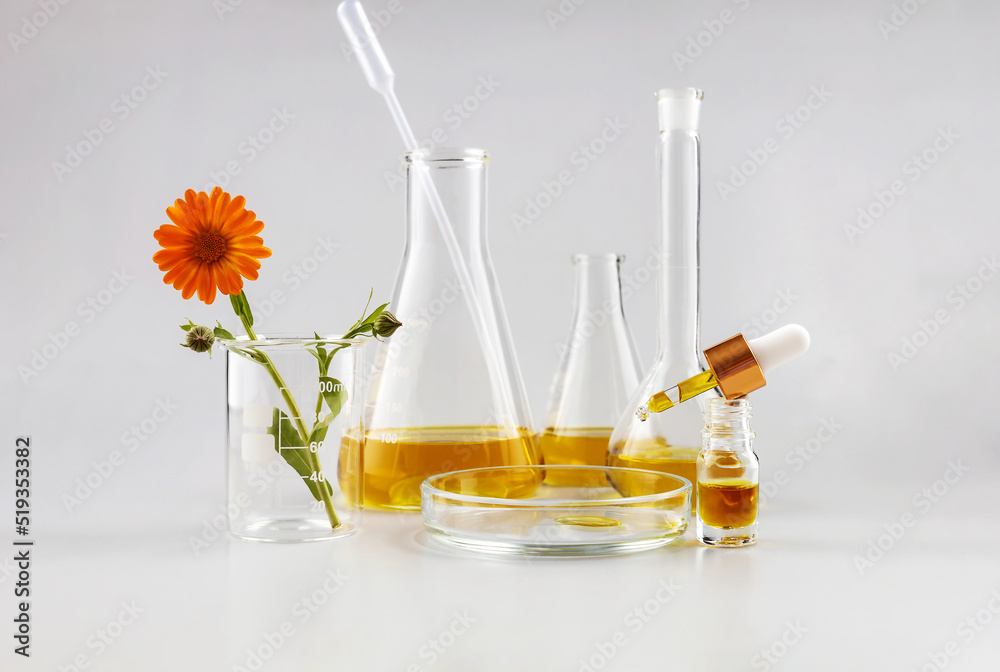 bottle with a pipette, laboratory flasks and calendula flowers on a gray background - obrazy, fototapety, plakaty 
