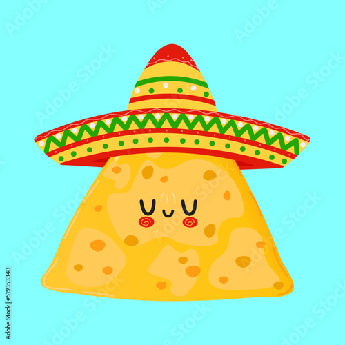 Cute funny nachos waving hand character. Vector hand drawn cartoon kawaii character illustration icon. Isolated on blue background. Nachos character concept