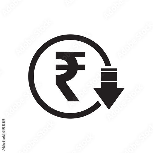 Rupee reduction symbol, cost decrease icon. Reduce debt business sign vector illustration symbol