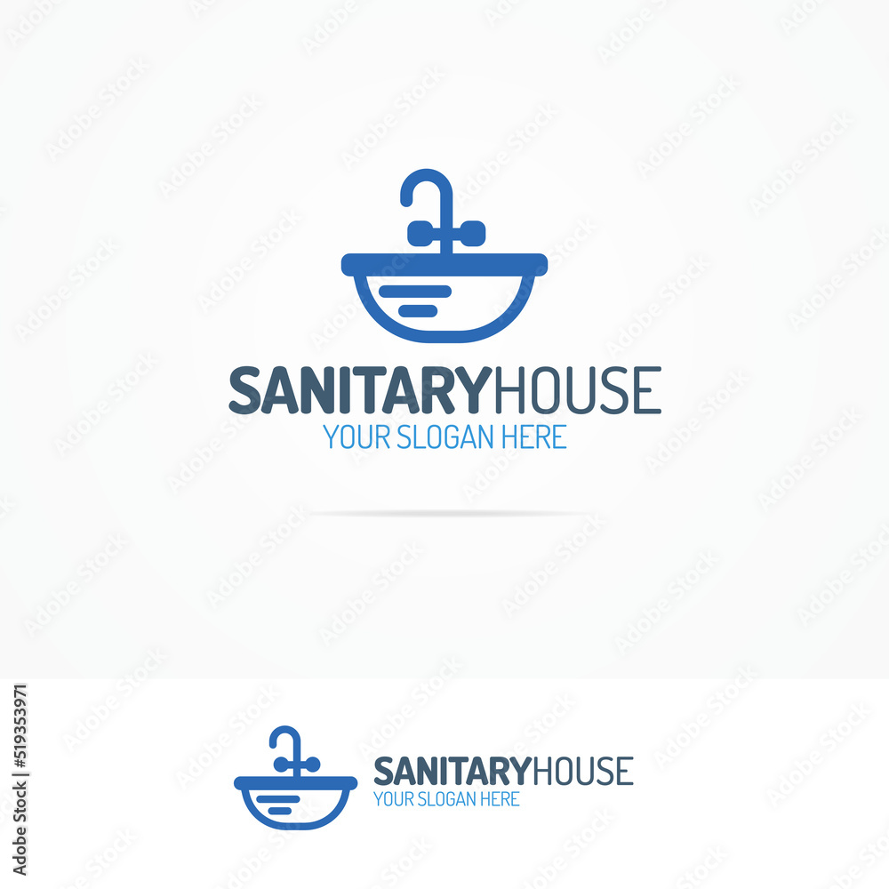 Sanitary house logo set with sink icon line style for used sanitary and hygiene firm, fix and repair leak and pipe, plumbing company etc. Vector Illustration