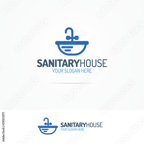 Sanitary house logo set with sink icon line style for used sanitary and hygiene firm, fix and repair leak and pipe, plumbing company etc. Vector Illustration