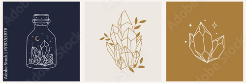 A set of logos in a linear style. Mystical symbol in a minimalist style. Magic stone for spiritual practices of ethnic magic and astrological rites.