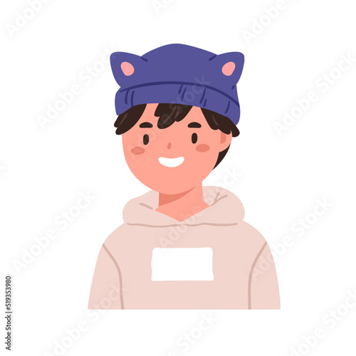 Boy kid face portrait. Happy child in funny hat with ears. Cute little school...