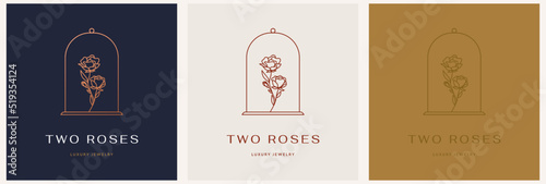 Elegant vector logo template of a rose flower in a vase in two color variations. Abstract symbol in a linear style for cosmetics and packaging, jewelry, handicrafts or beauty products. photo