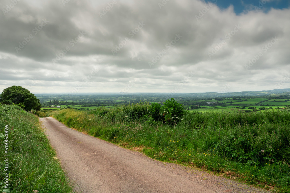 Small road and agricultural land in county Tipperary, Ireland. Irish rural landscape. Green grass fields and hills. Cloudy sky. Agriculture and food supply industry. Country side with meadows.