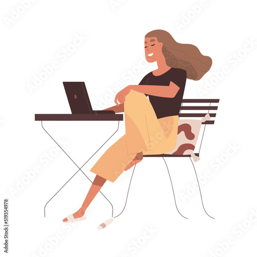 Happy woman at laptop computer at online work and remote study. Freelance worker sitting in chair at table with PC. Smiling freelancer girl. Flat vector illustration isolated on white background