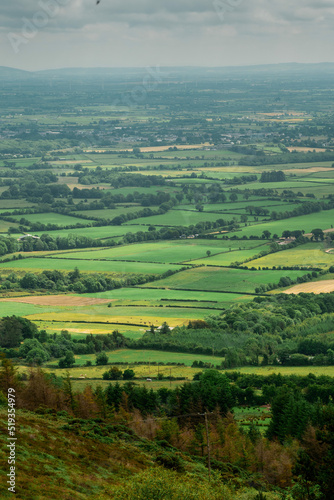 View on green Irish country side in county Tipperary. Agriculture land with pasture and small forests. Blue cloudy sky. Nature landscape.