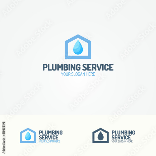Plumbing service logo set with house and water drop for used plumbing and heating company, sanitary and hygiene firm, fix and repair leak and pipe etc. Vector Illustration