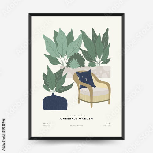 Nature, garden and landscape poster template or card. Flowers and plants at home and outdoor.