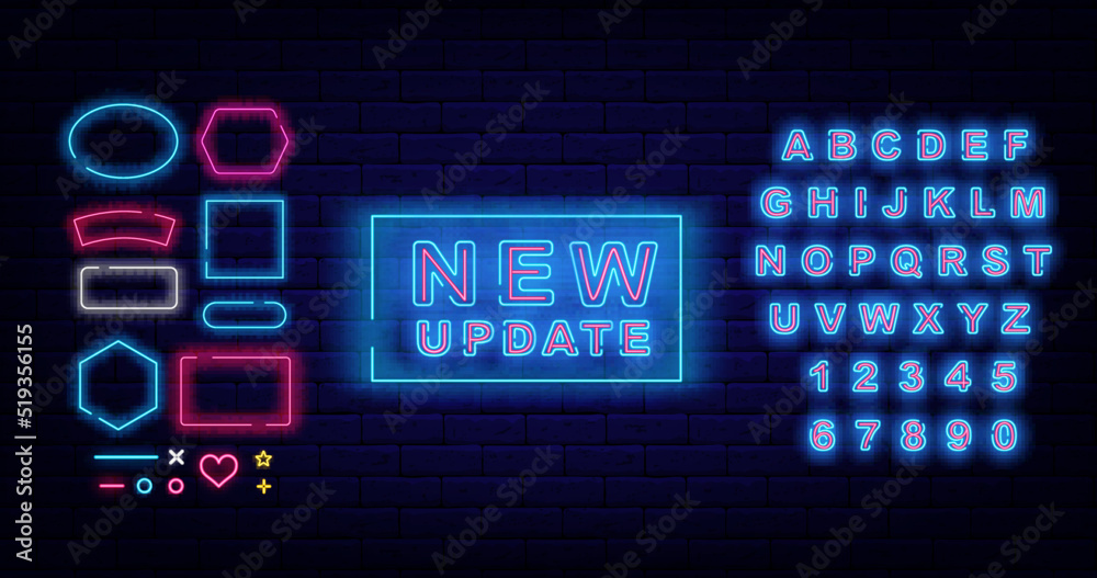 New update neon signboard. Game design. Shiny blue alphabet. Frames collection. Vector stock illustration New update neon signboard. Game design. Shiny blue alphabet. Frames collection. Vector stock illustration