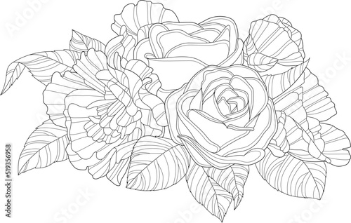 Realistic graphic rose and peony flower bouquet with leafs sketch template. Cartoon vector illustration in black and white for game, background, pattern, decor. Coloring paper, page, story book, print