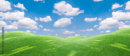 Foto Panoramic view to grass  and blue sky with light clouds,Image of green grass field and bright blue sky