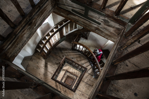 Looking down the wooden staircase of Lindau's lighttower, Lake Constance, Germany