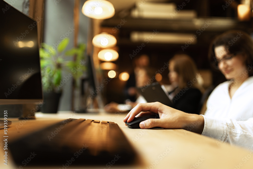 Close-up image of computer keyboard and mouse. Office worker, employee working on new project Close-up image of computer keyboard and mouse. Office worker, employee working on new project