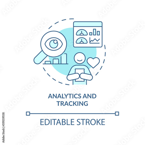 Analytics and tracking turquoise concept icon. Customer engagement platform feature abstract idea thin line illustration. Isolated outline drawing. Editable stroke. Arial, Myriad Pro-Bold fonts used