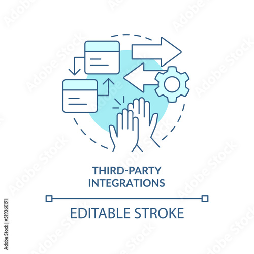 Third party integrations turquoise concept icon. Customer engagement platform feature abstract idea thin line illustration. Isolated outline drawing. Editable stroke. Arial, Myriad Pro-Bold fonts used